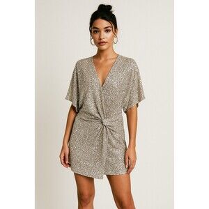 Zara Silver Sequin Mini Dress S Metallic Twist Wrap Cocktail Sparkle Date Night